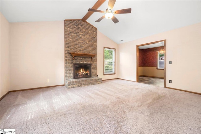 1606 Winding Way, Taylors, SC 29687 - unfurnished living room with ceiling fan, carpet, baseboards, and a fireplace