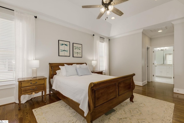bedroom with baseboards, wood finished floors, crown molding, recessed lighting, and ceiling fan