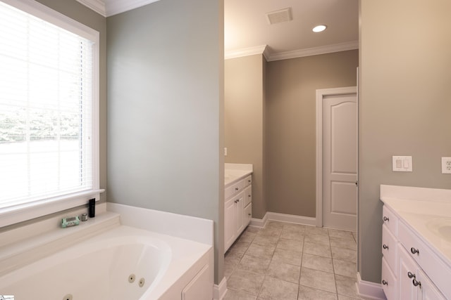 7 Collina Ct, Greenville, SC 29609 - bathroom featuring ornamental molding, vanity, a tub with jets, recessed lighting, and tile patterned flooring