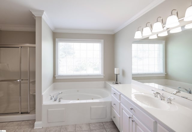 7 Collina Ct, Greenville, SC 29609 - bathroom featuring a stall shower, a whirlpool tub, tile patterned flooring, plenty of natural light, and crown molding