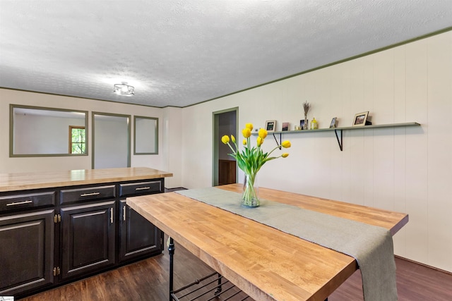 dining space featuring dark wood-style flooring and a textured ceiling