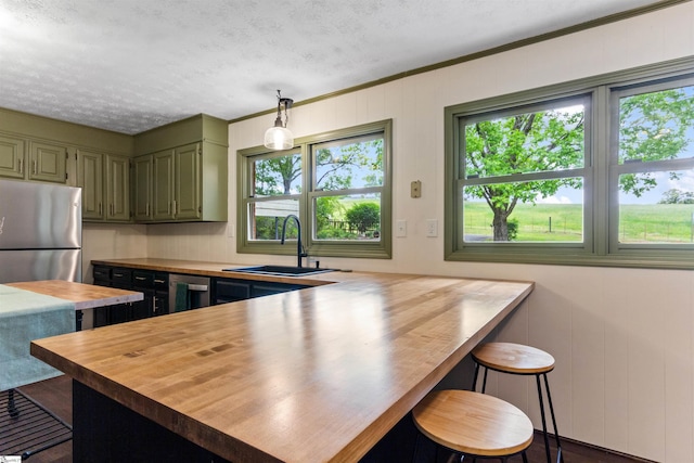 kitchen with butcher block countertops, a sink, appliances with stainless steel finishes, plenty of natural light, and a textured ceiling