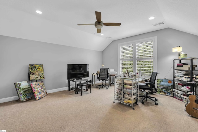 302 Owasso Dr, Greenville, SC 29615 - office featuring vaulted ceiling, a ceiling fan, carpet, recessed lighting, and baseboards