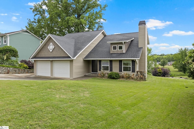 21 Pebble Creek Way, Taylors, SC 29687 - view of front of house with a garage, concrete driveway, a front lawn, roof with shingles, and a chimney
