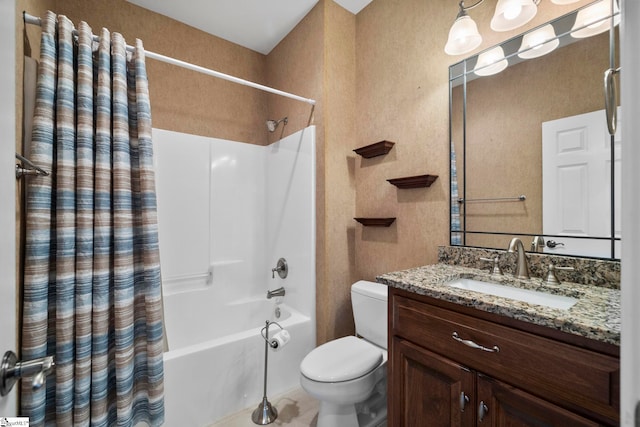 full bathroom featuring shower / bath combo, toilet, and vanity