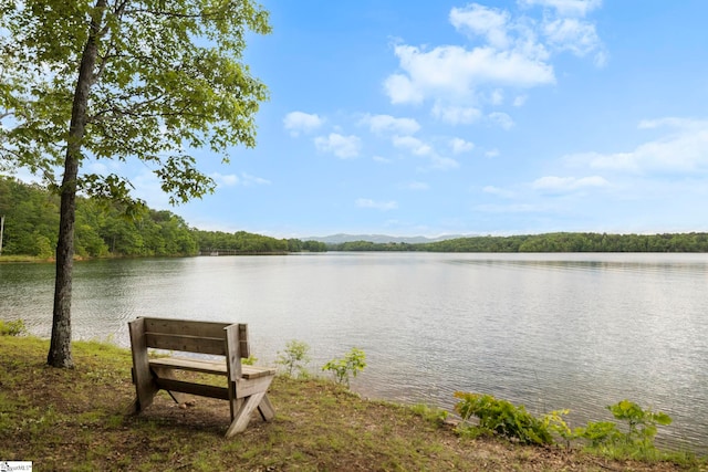 water view featuring a heavily wooded area and mountains