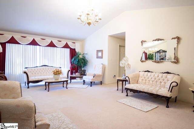 521 N Calhoun Shores Pkwy, Calhoun Falls, SC 29628 - carpeted living room with a chandelier and lofted ceiling