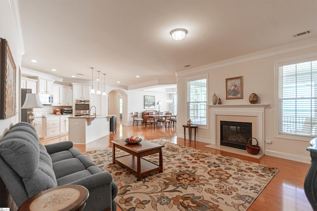 30 Kittery Dr, Greenville, SC 29615 - living area featuring crown molding, arched walkways, plenty of natural light, light wood-type flooring, and a glass covered fireplace