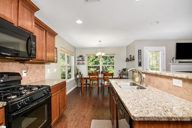 3 Wisner Ct, Simpsonville, SC 29681 - kitchen with black appliances, a sink, brown cabinetry, dark wood finished floors, and recessed lighting