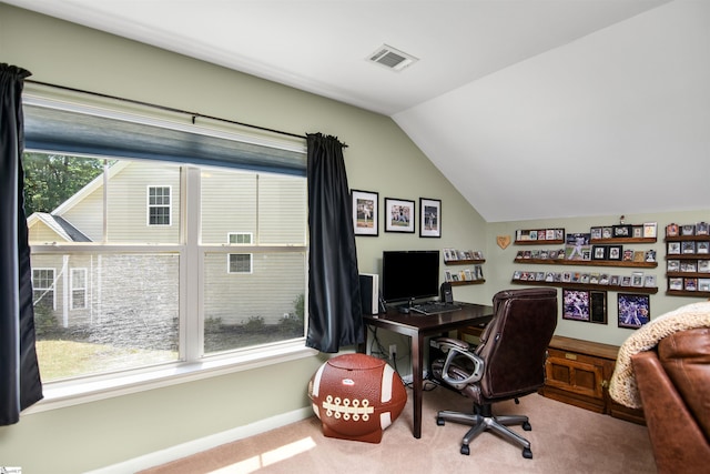 3 Wisner Ct, Simpsonville, SC 29681 - office area featuring carpet, lofted ceiling, and baseboards