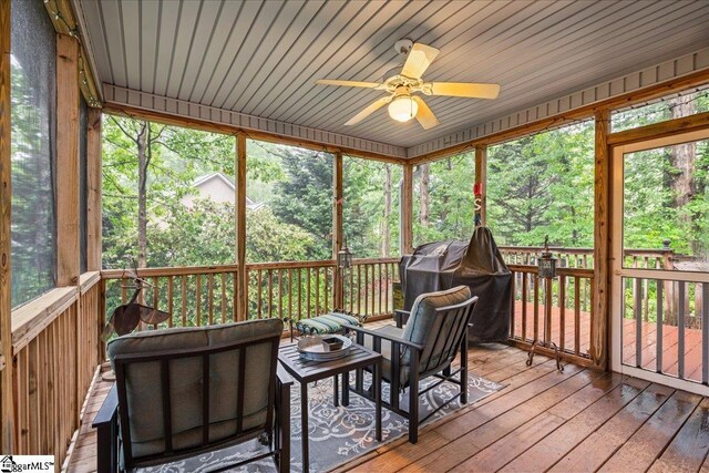 506 Neely Farm Dr, Simpsonville, SC 29680 - sunroom / solarium featuring a ceiling fan, an outdoor living space, and plenty of natural light