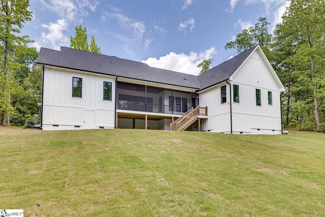 205 Fairview Dr, Greenville, SC 29609 - back of property featuring crawl space, a sunroom, stairs, a lawn, and a shingled roof