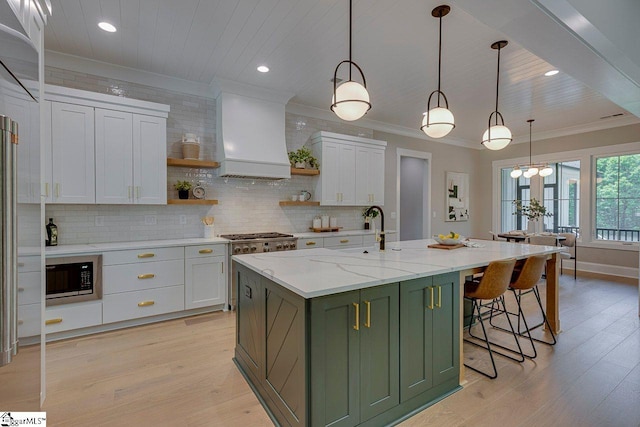 205 Fairview Dr, Greenville, SC 29609 - kitchen featuring green cabinets, appliances with stainless steel finishes, open shelves, crown molding, and a sink