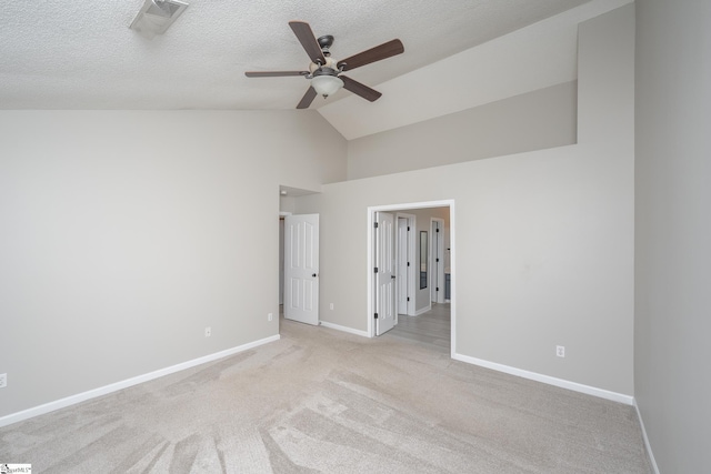 300 Stillwater Ct, Simpsonville, SC 29681 - unfurnished bedroom featuring high vaulted ceiling, baseboards, carpet, a textured ceiling, and a ceiling fan