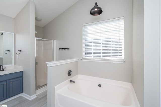 300 Stillwater Ct, Simpsonville, SC 29681 - bathroom with a stall shower, vanity, a garden tub, and baseboards