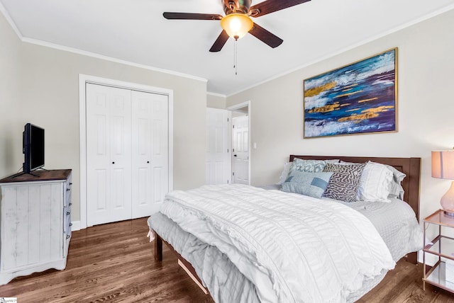 101 Kenilworth Ct, Greenville, SC 29615 - bedroom with ornamental molding, wood finished floors, a closet, and a ceiling fan