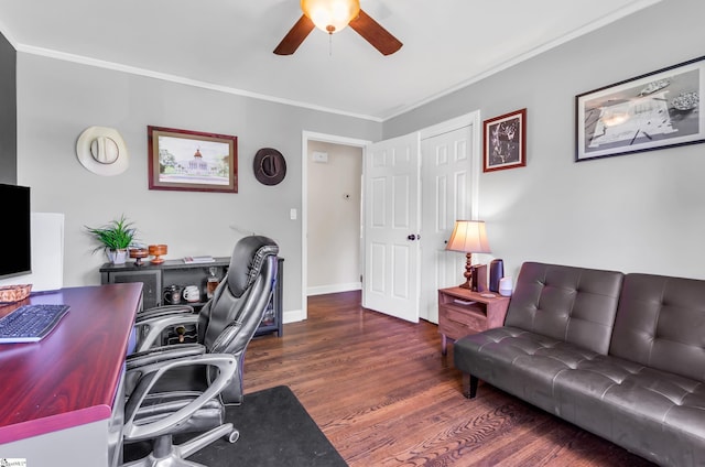 101 Kenilworth Ct, Greenville, SC 29615 - home office featuring a ceiling fan, wood finished floors, ornamental molding, and baseboards