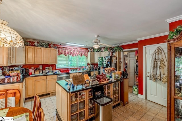 818 S Almond Dr, Simpsonville, SC 29681 - kitchen with dark countertops, light tile patterned floors, glass insert cabinets, dishwasher, and ornamental molding