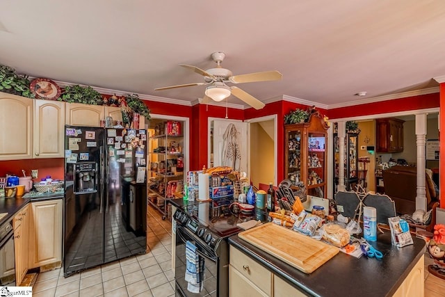 818 S Almond Dr, Simpsonville, SC 29681 - kitchen with black appliances, dark countertops, light tile patterned floors, a ceiling fan, and decorative columns