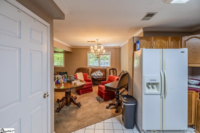 818 S Almond Dr, Simpsonville, SC 29681 - kitchen featuring white refrigerator with ice dispenser, light tile patterned floors, light colored carpet, ornamental molding, and a chandelier