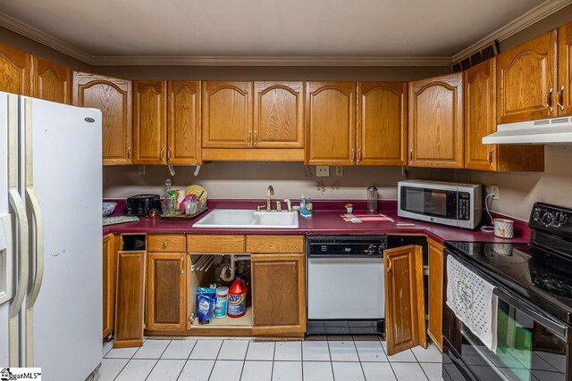 818 S Almond Dr, Simpsonville, SC 29681 - kitchen with white appliances, under cabinet range hood, a sink, brown cabinetry, and light tile patterned flooring