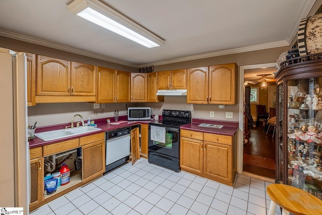 818 S Almond Dr, Simpsonville, SC 29681 - kitchen featuring black range with electric cooktop, white dishwasher, stainless steel microwave, under cabinet range hood, and a sink