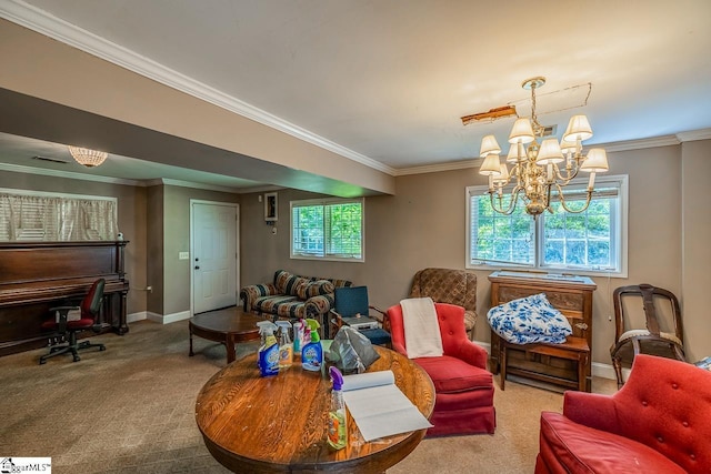 818 S Almond Dr, Simpsonville, SC 29681 - living area with carpet floors, healthy amount of natural light, baseboards, crown molding, and a chandelier