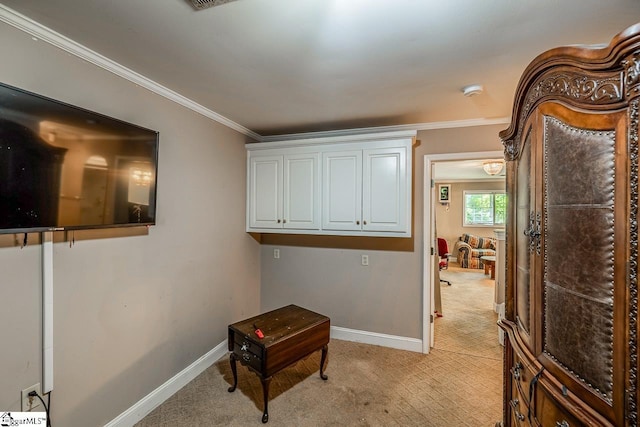 818 S Almond Dr, Simpsonville, SC 29681 - corridor featuring light colored carpet, baseboards, and crown molding