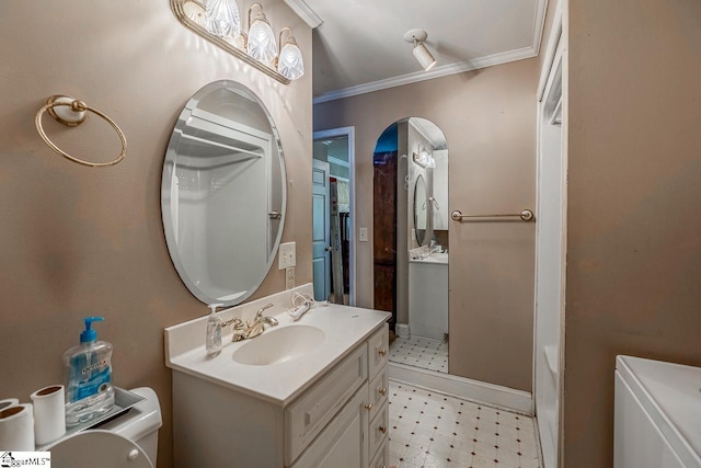 818 S Almond Dr, Simpsonville, SC 29681 - bathroom with tile patterned floors, ornamental molding, toilet, vanity, and a shower