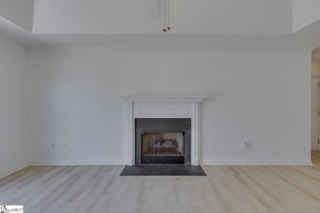 detailed view of wood finished floors, a fireplace with flush hearth, and baseboards