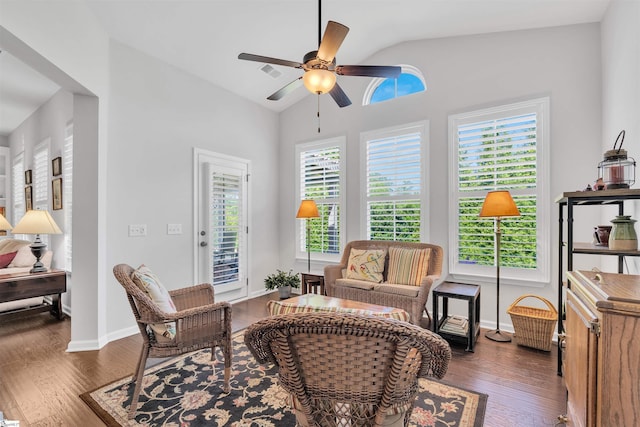 708 Emerald Hill Ct, Simpsonville, SC 29681 - living area with vaulted ceiling, ceiling fan, plenty of natural light, and dark wood-style floors