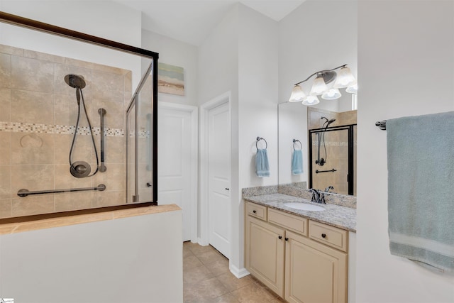 708 Emerald Hill Ct, Simpsonville, SC 29681 - bathroom with a stall shower, tile patterned floors, and vanity