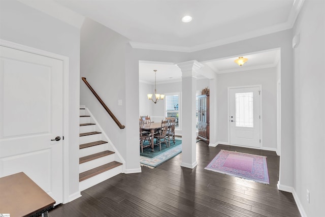 708 Emerald Hill Ct, Simpsonville, SC 29681 - entryway with a chandelier, stairs, baseboards, ornate columns, and crown molding