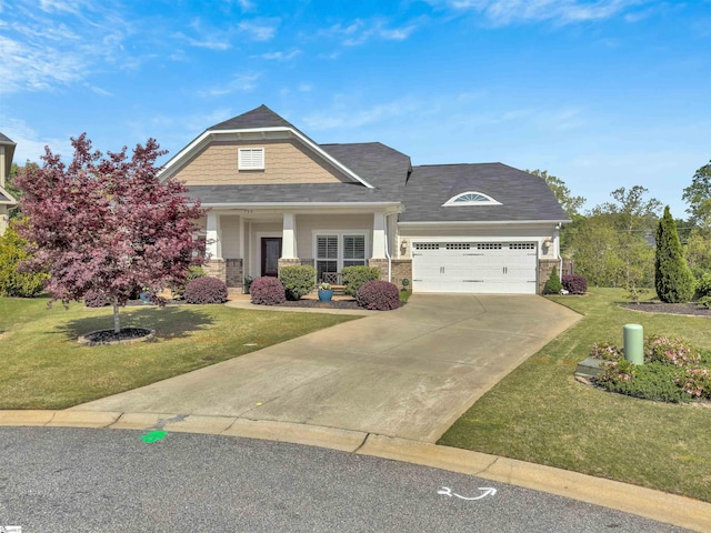 708 Emerald Hill Ct, Simpsonville, SC 29681 - craftsman-style house featuring a garage, a front yard, driveway, covered porch, and brick siding