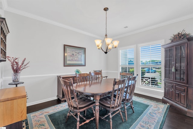 708 Emerald Hill Ct, Simpsonville, SC 29681 - dining room featuring dark wood-style flooring, a chandelier, crown molding, and baseboards