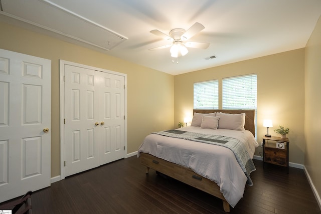 104 White Bark Way, Taylors, SC 29687 - bedroom featuring attic access, baseboards, dark wood-style floors, a ceiling fan, and a closet