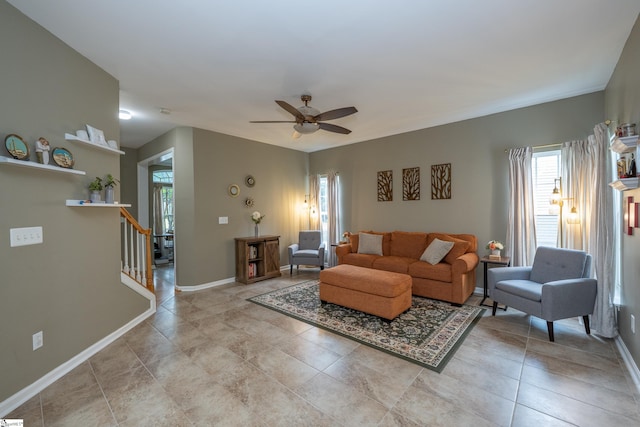 104 White Bark Way, Taylors, SC 29687 - living area featuring ceiling fan, stairs, baseboards, and light tile patterned flooring
