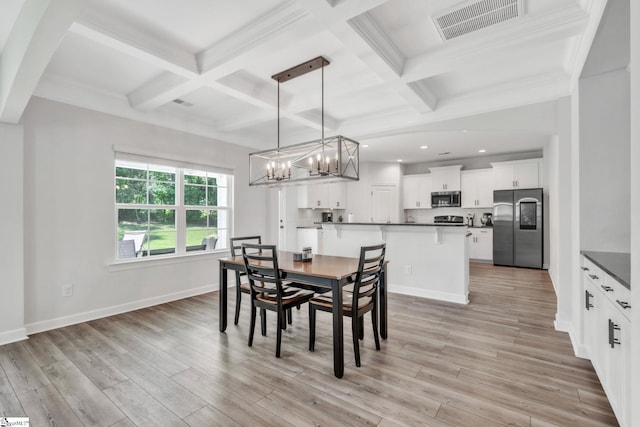 153 Coppermine Dr, Easley, SC 29642 - dining room with a chandelier, coffered ceiling, beamed ceiling, light wood-style flooring, and recessed lighting
