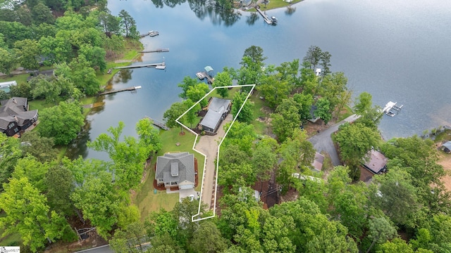 653 R B Baker Dr, Chapin, SC 29036 - aerial view of property and surrounding area with a nearby body of water, property parcel outlined, and a tree filled landscape