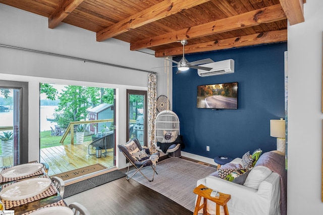 653 R B Baker Dr, Chapin, SC 29036 - living room featuring plenty of natural light, wood ceiling, ceiling fan, wood finished floors, and a wall mounted air conditioner