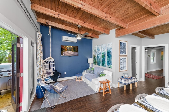 653 R B Baker Dr, Chapin, SC 29036 - living room with wood ceiling, an AC wall unit, beamed ceiling, wood finished floors, and ceiling fan