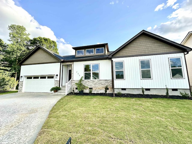 view of front facade with crawl space, concrete driveway, stone siding, a garage, and a front lawn