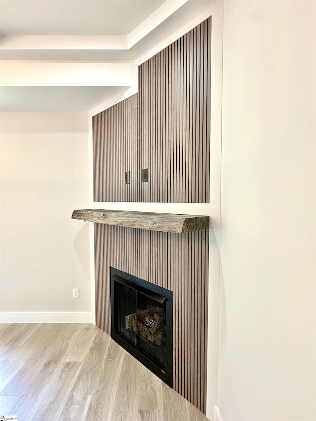 detailed view of wood finished floors, a fireplace, and baseboards