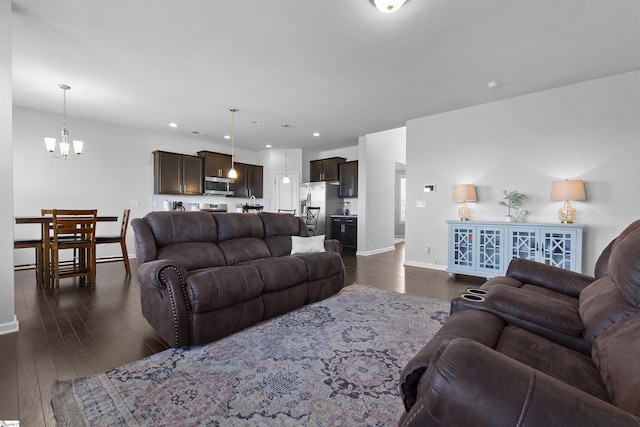 605 Mosque Ln, Lyman, SC 29365 - living room featuring a chandelier, dark wood finished floors, baseboards, and recessed lighting
