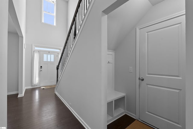 605 Mosque Ln, Lyman, SC 29365 - mudroom with healthy amount of natural light, dark wood finished floors, baseboards, and high vaulted ceiling