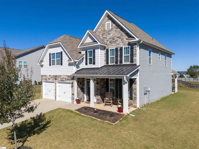 605 Mosque Ln, Lyman, SC 29365 - view of front of property featuring covered porch, stone siding, driveway, a standing seam roof, and a front yard