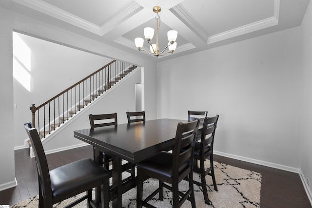 605 Mosque Ln, Lyman, SC 29365 - dining room featuring wood finished floors, a chandelier, coffered ceiling, baseboards, and beam ceiling