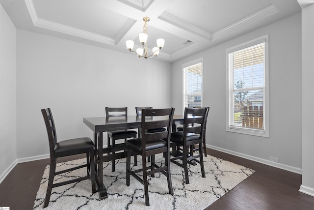 605 Mosque Ln, Lyman, SC 29365 - dining room featuring a chandelier, coffered ceiling, hardwood / wood-style flooring, baseboards, and ornamental molding