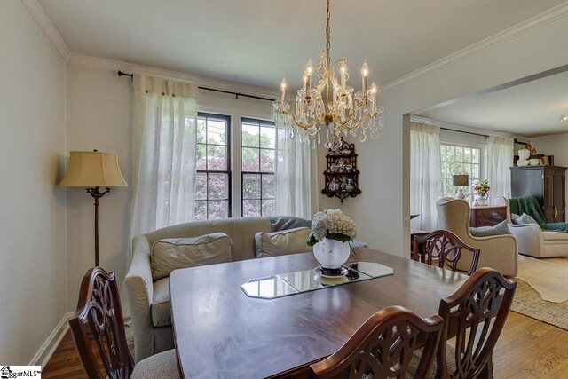 202 Roberta Dr, Greenville, SC 29615 - dining room featuring wood finished floors, a chandelier, crown molding, and baseboards