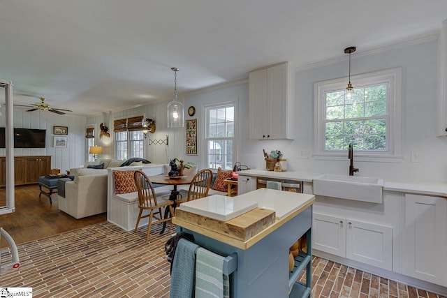 202 Roberta Dr, Greenville, SC 29615 - kitchen featuring ornamental molding, a sink, light countertops, white cabinetry, and hanging light fixtures
